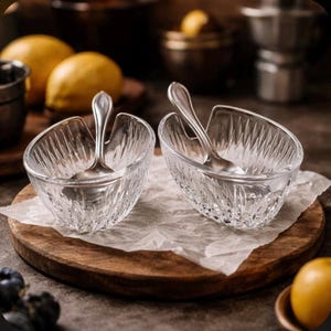 May include: Two clear glass serving dishes with decorative spoons rest on a wooden board with parchment paper. The dishes have a textured pattern and are partially filled. Lemons and other kitchen items are in the background.