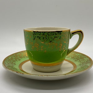 Teacup and Saucer/ Vintage Teacup Set/ Green and Gold/ Floral and Scrollwork/ Small Cup and Saucer/