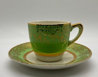 Teacup and Saucer/ Vintage Teacup Set/ Green and Gold/ Floral and Scrollwork/ Small Cup and Saucer/