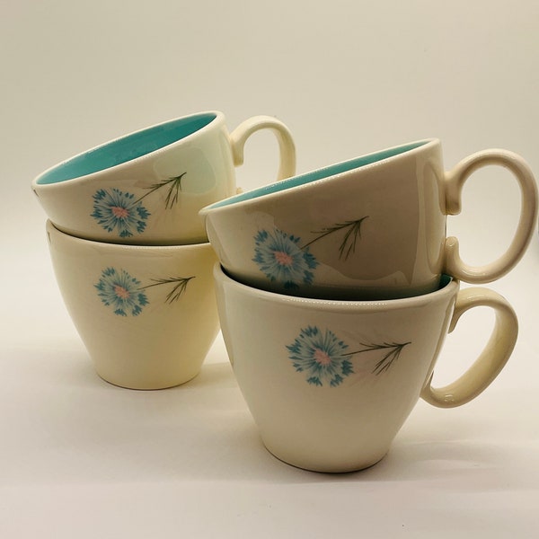 Vintage Taylor Smith Coffee/Tea Cups/ Boutonniere Pattern/ Vintage Dinnerware/ White, Aqua/ Aqua Bachelor Button with Pink Center