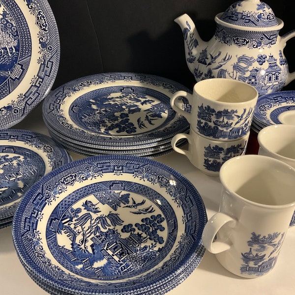 Blue Willow China/ Georgian Shape/ Round Platter/ Plates/ Bowls/ Cups/ Saucers/ Teapot/ Vintage Blue Willow/ Vintage Dishwater
