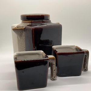 Vintage Pier One Tea Set: Brown Tan Cream Hand-Painted Teapot & Cups