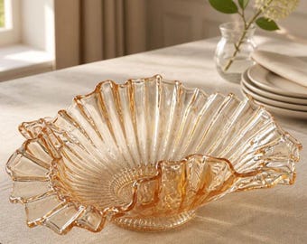 Marigold Iridescent Carnival Glass Bowl: Ruffled Edge, Ribbed Interior