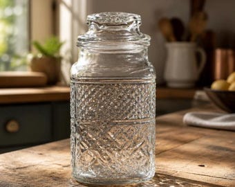 Anchor Hocking Wexford Canister/Jar, Clear with Quilt Pattern, Stands 9 Inches