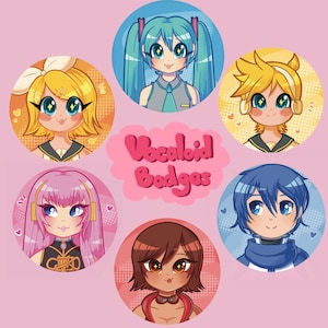 May include: Six colorful round buttons featuring anime-style illustrations of Vocaloid characters. The buttons have white outlines and are arranged in a circle around the text "Vocaloid Badges".
