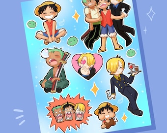 May include: A sticker sheet with cartoon illustrations of characters from the anime series One Piece. The sheet features various characters in different poses, with the text "Sticker Sheet" at the top in blue letters.