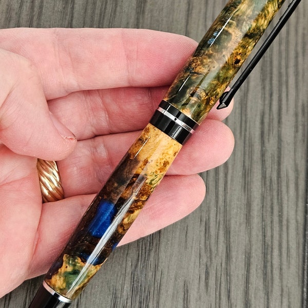 Oak burl and blue fountain pen - medium, nib custom pen handcrafted, gift pen, executive, graduation