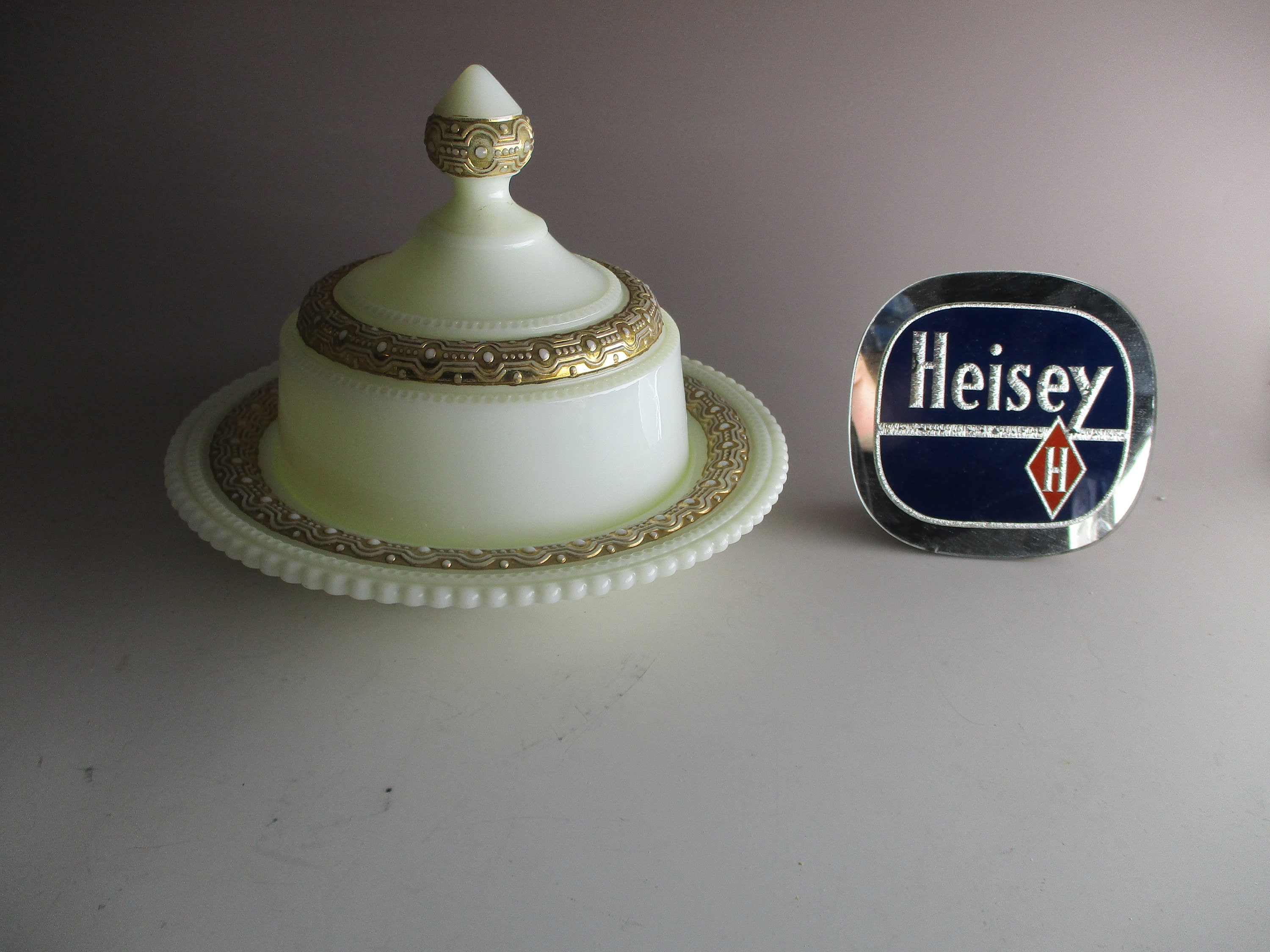 Heisey Glass Custard Uranium Creamer Band Ring Jewel Pink Painte Very