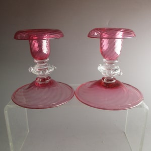 Carder Steuben #6384 Candleholders Gold Ruby & Clear prunts Pair