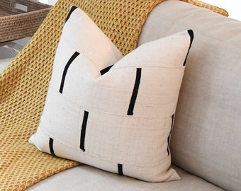 White Handmade African Mud Cloth | White Mud Cloth With Black Lines | Mudcloth Pillow| Black Dash | Striped White | Decorative Pillow