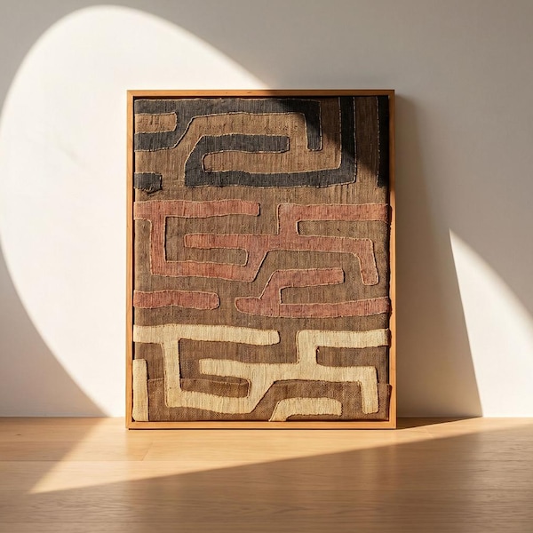 Authentic Kuba Cloth Wall Art, Geometric Textile Decor, Teak Wood Frame