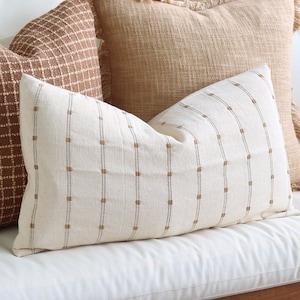Beige Striped Throw Pillow, Lumbar Light Brow Cover, Tan Pillows, Farmhouse Decor Boho Decorative Accents