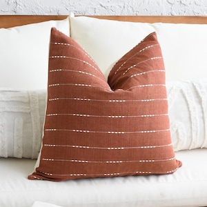 Lumbar Pillow Cover | Handmade cotton pillow | Boho Pillow | terracotta cotton pillow | soft terracotta cotton with white stripe | 20 x 20