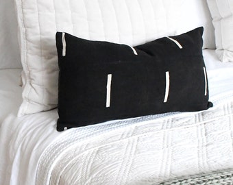 Black Mud Cloth | Black Lumbar w\White Lines | White Dash Decor Pillow Cover | Striped Black Pillow | Boho Pillow Cover | 20x20