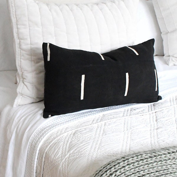 Black Mud Cloth | Black Lumbar w\White Lines | White Dash Decor Pillow Cover | Striped Black Pillow | Boho Pillow Cover | 20x20
