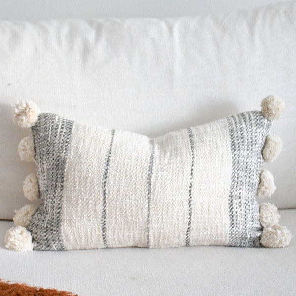 Lumber Pillow Off-White and Gray Lumbar Pillow Cover-Handmade-Handwoven | Decorative Pillow Bohemian Lumbar  | Bohemian Pillow
