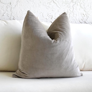 May include: A light gray decorative pillow with a soft, velvety texture. The pillow is placed on a white cushion, with two white pillows in the background. The pillow is a square shape.