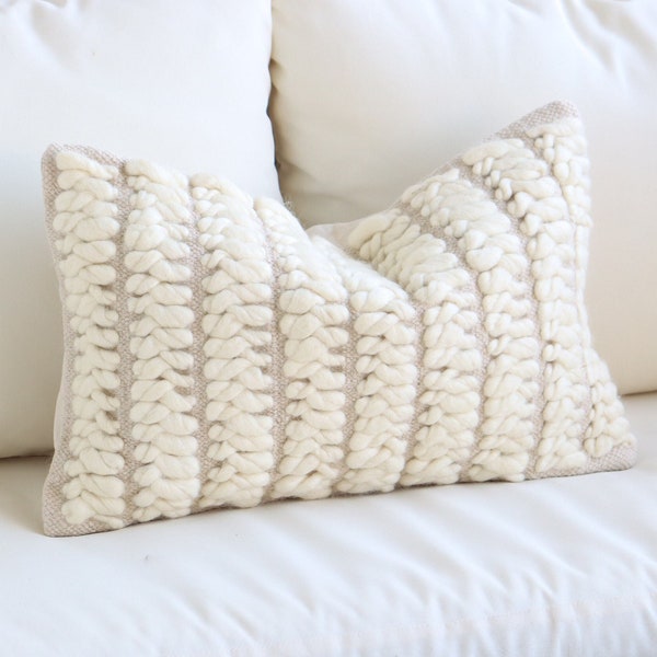 Authentic Wool Handwoven Lumbar Throw Pillow Set, Handmade Textured Unique Pillows, Off White Beige 13 x 21 Inch Lumbars