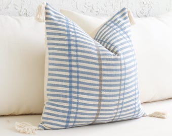 Blue Stripe Pillow cover, Woven Textured Throw Pillow, Coastal Cottage Decor, Beige Decorative Cushion, Farmhouse Cotton Pillow Set