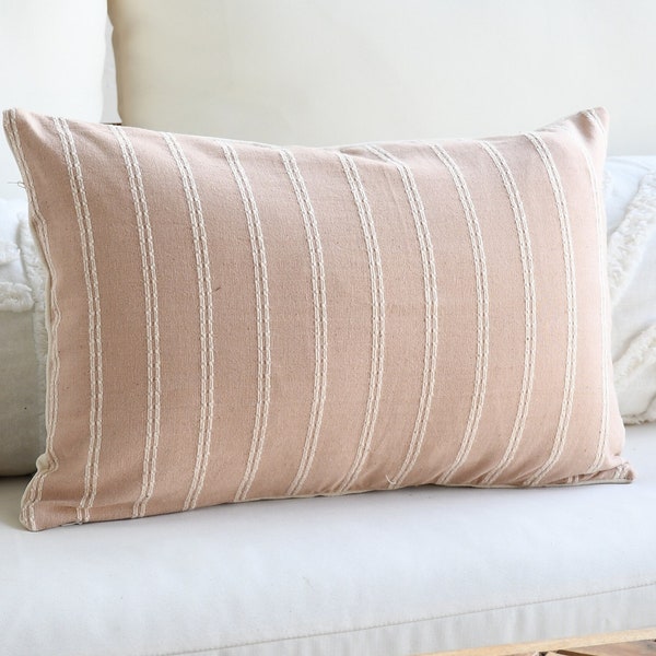 Soft Pink Little Lumbar Pillow Cover | Girls room Pillow Covers | 12 x 18 Beige cotton pillow | Light Pink Decor Pillow Cotton With Stripe