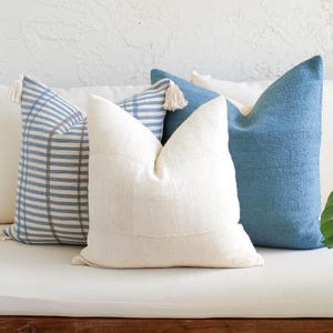 Coastal Blue Pillow Cover Set, Stripped Boho Cushion made of Cotton, Decorative Throw Pillow Set, Nautical Decor, Ivory Mudcloth