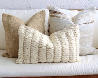Textured Boho Pillow Cover Set, Lumbar Sofa Pillows, Brown 18x18 textured covers, 20x20 Throw Pillows, Handmade Tan Pillow