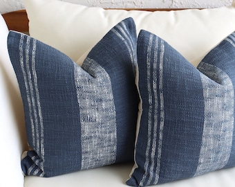 2 Blue Throw Pillow Cover Set, Decorative Striped Pillows, Blue Bedroom Decor, Soft Accent Pillows