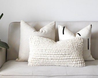 3 Neutral Throw Boho Pillow Set, Off-White textured pillows, Sofa Decorative Accent, New Home Gift, Neutral Decor