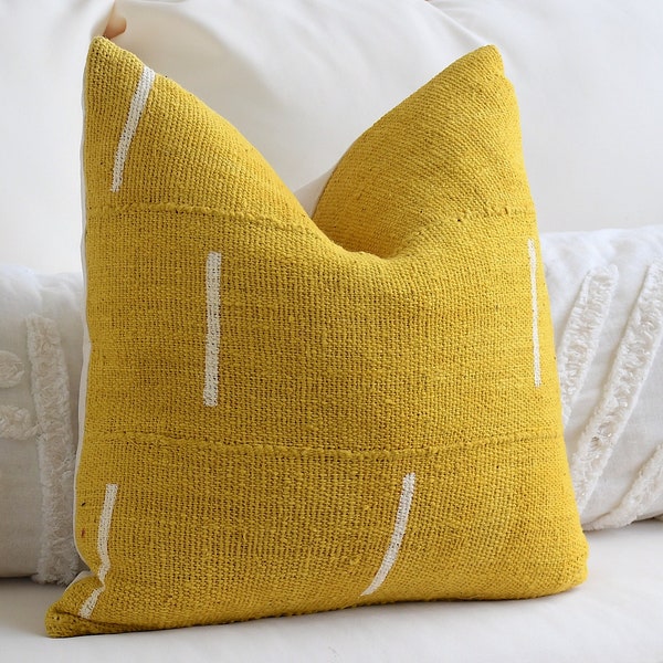 Yellow Throw Pillow Cover, All Sizes Mustard Handmade Mud Cloth, Bright Decorative Pillow Case, Long Lumbar Mudcloth