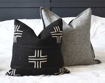 Black and Gray Decorative Accent Pillow Cover Combination 20 x 20 Gray Linen Pillow 16 x 16 Black Mudcloth Unique Pillow