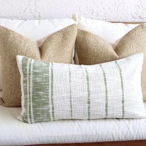 Textured Boho Pillow Cover Set, Tan 18 Inch Pillow, Green Striped Lumbar Sofa Pillow Set