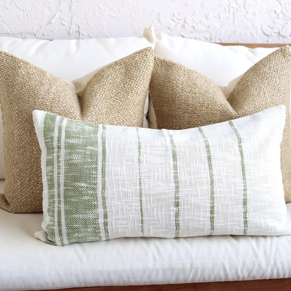 Textured Boho Pillow Cover Set, Tan 18 Inch Pillow, Green Striped Lumbar Sofa Pillow Set