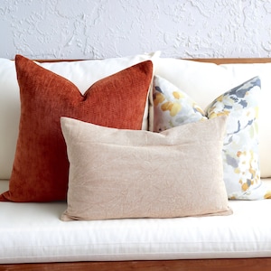 3 Fall Throw Pillow Covers, Light Blue Floral Print, Beige, Paprika Orange Velvet Decorative Sofa Accents, Home Decor, Living Room, Bedroom