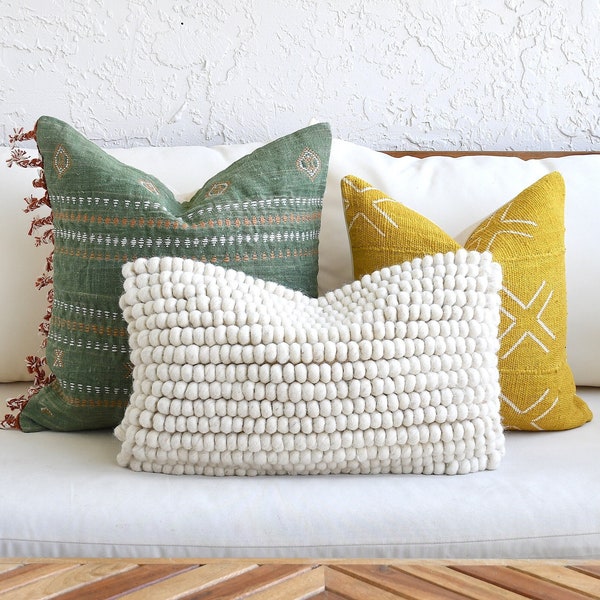 Throw Pillow Set, Textured Green, Mustard Yellow, Off White Accent Cover, Ivory Lumbar, Unique Decorative Sofa Pillow Covers