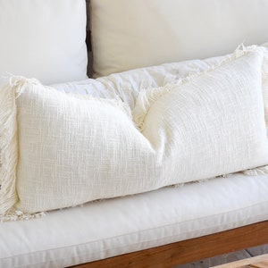 Long Ivory White Fringe Lumbar Throw | Neutral Pillow | Soft Throw Boho Pillow Covers | 16 x 16 Decorative Pillow Cover Sofa Decor Pillows