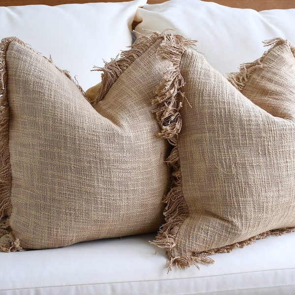Bruin/beige boho kussensloop combinatie | 16 x 16 kussenset bank met franje | Decorset 16 x 16 hoezen | Unieke sierkussens decoratief met franjes