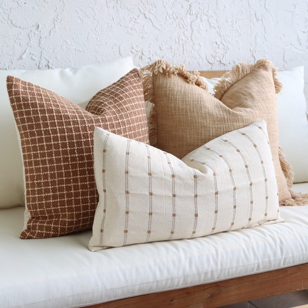 3 Neutral Throw Pillow Cover Set, Beige Brown, Pattern Pillows