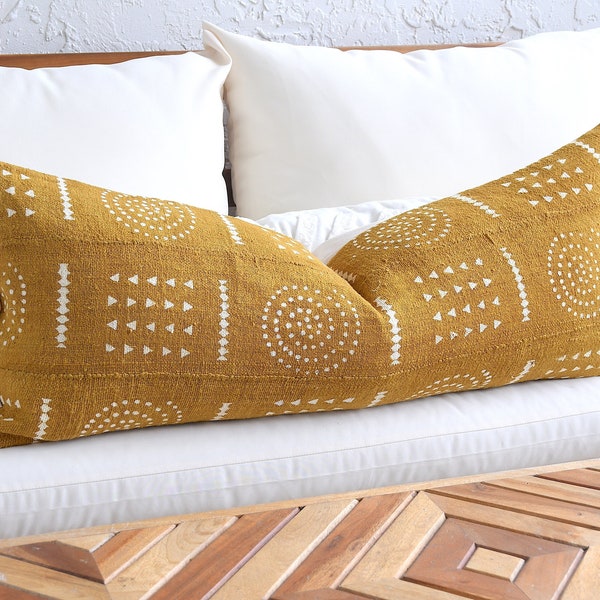 Unique Large Lumbar Yellow LumbarCase | Mustard Mud Cloth Cover | Mustard Pillow | Yellow 12 x 18 Lumbar 16 x 16 Cover Bright Pillow Cover