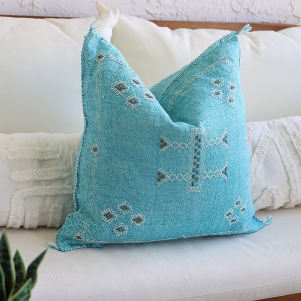 Light Blue Decor Pillow Cover | Unique Moroccan Cactus Silk Bright Boho Pillow Cover, Aqua Blue Throw Pillows, Kids Room