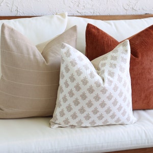 Fall Pillow Covers, Block Print Throw Pillows, Orange Velvet, White, Beige, Paprika Accents, Sofa Pillows, Decorative, Living Room, Bedroom