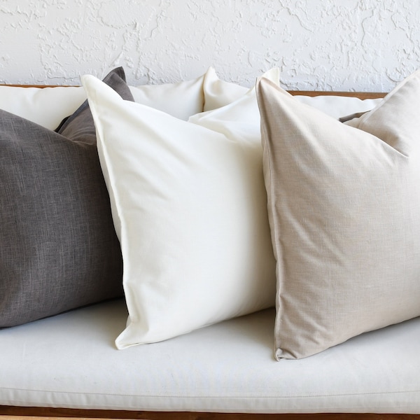 Cotton White Beige Gray Pillow Covers, Cotton Neutral Couch Bedroom Accent, 20x20, 18x18, Living Room Pillows