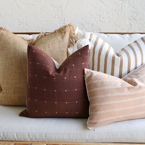 4 Boho Pillow Cover Combination | Brown | Burgundy | Pink | White Ivory 20 x 20 Sofa Pillow Set Unique Throw Pillows Pom pom