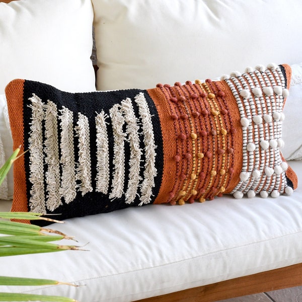 Tufted Bohemian Long Lumbar Pillow Cover, Bright Boho Accent Throw Cover, Textured Woven Lumbar Cushion, Colorful Pillow