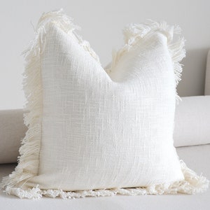 Ivory White 16 x 16 Fringe Throw Pillow | Neutral Tone Pillow | Soft Throw Boho Pillow Covers | Decorative Pillow Cover | Sofa Pillows