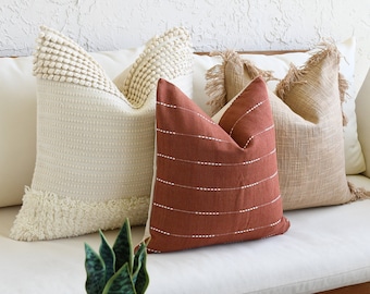 Boho Combination Throw Pillows, Sofa Designer Pillows, Light Brown, Terracotta, Off White, Tufted Textured Covers