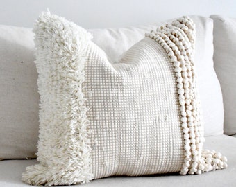 Tufted Throw Pillow, Decorative Cotton Cream textured-Handmade-Handwoven, Tuft Pillow cushion cover, Boho Cover, Beige pillow case