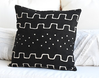 16 x 16 Black Handmade African Mud Cloth Pillow Case | Black Mud Cloth | Unique Mudcloth | Decorative Euro Pillow Lumbar | Geometric Pattern