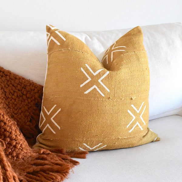 Handmade African Mud Cloth Pillow Case | Mustard Mud Cloth Cover | Mudcloth Cushion | Mudcloth Pillow | Decorative Pillow Case