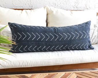 Large Blue Bohemian Lumbar Pillow Cover | Dark Blue Mudcloth Pillow Cover | Blue Pillow Throw | Handmade Decorative Pillow Case Body Pillow