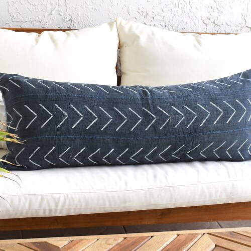 Large Blue Bohemian Lumbar Pillow Cover Dark Blue Mudcloth Etsy